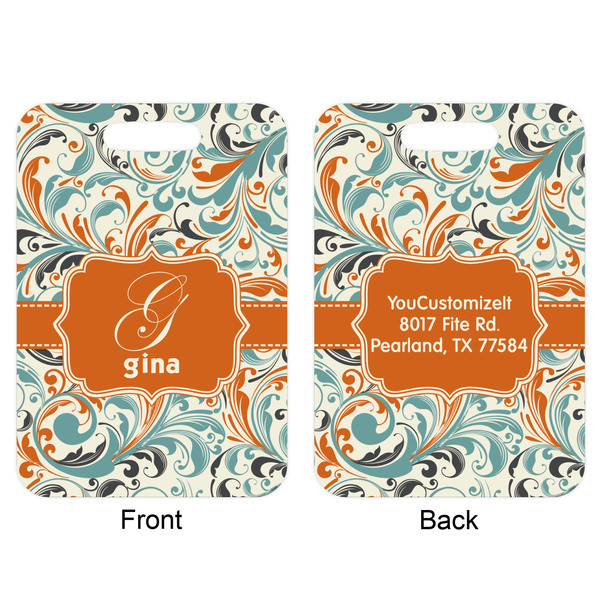 Orange & Blue Leafy Swirls Aluminum Luggage Tag (Front + Back)