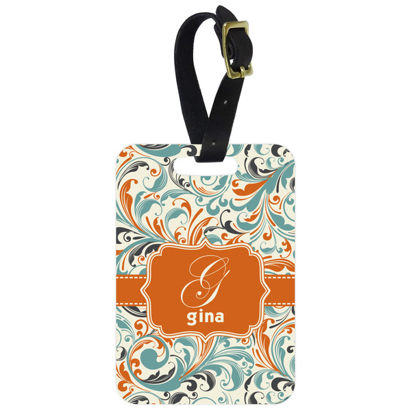Custom Orange & Blue Leafy Swirls Metal Luggage Tag w/ Name and Initial