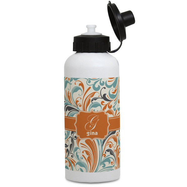 Custom Orange & Blue Leafy Swirls Water Bottles - Aluminum - 20 oz - White (Personalized)