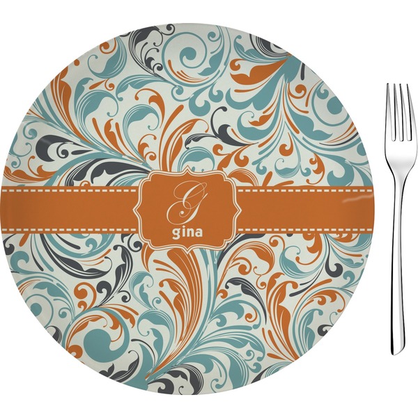 Custom Orange & Blue Leafy Swirls Glass Appetizer / Dessert Plate 8" (Personalized)