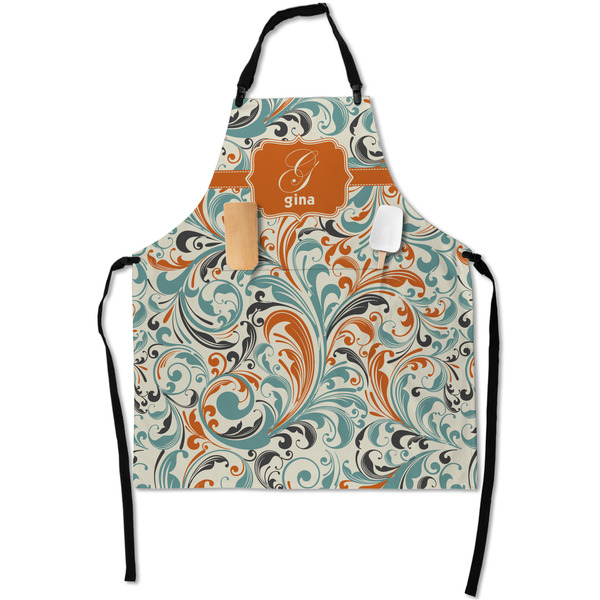 Custom Orange & Blue Leafy Swirls Apron With Pockets w/ Name and Initial