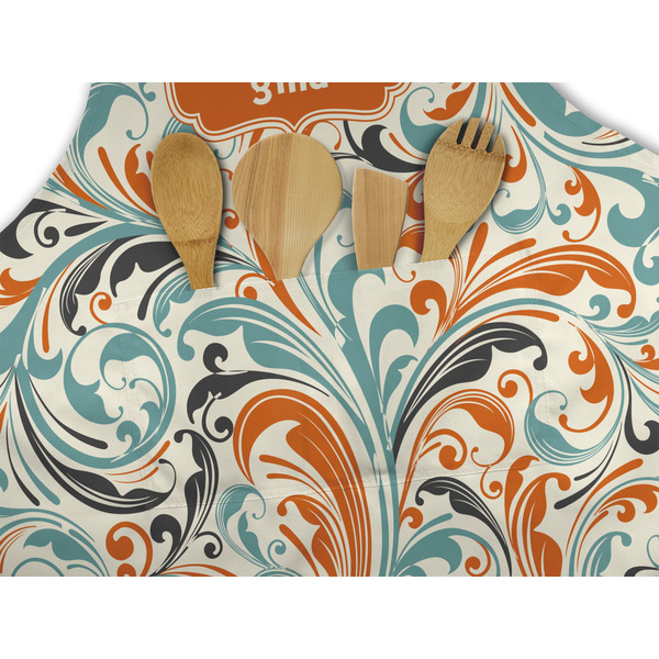 Orange & Blue Leafy Swirls Apron - Pocket Detail with Props