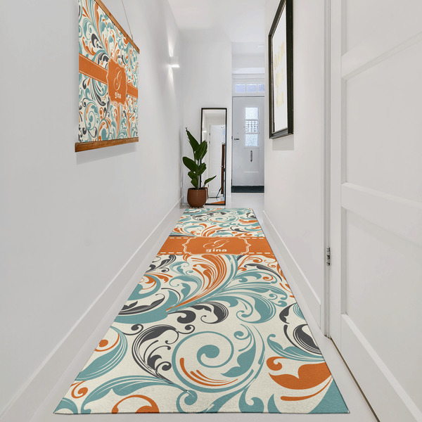 Orange & Blue Leafy Swirls Area Rug Sizes - In Context (vertical)