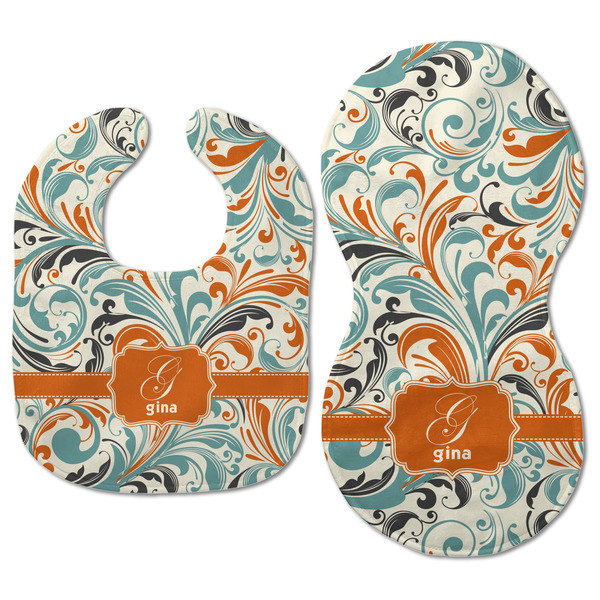 Orange & Blue Leafy Swirls Baby Bib & Burp Set - Approval (new bib & burp)