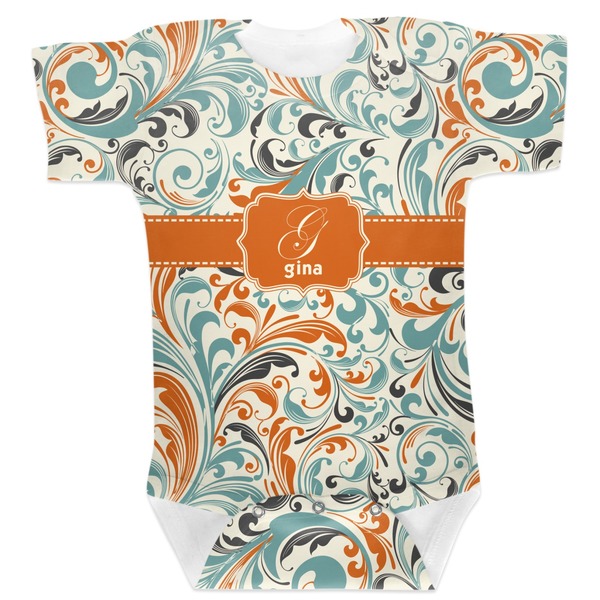 Custom Orange & Blue Leafy Swirls Baby Bodysuit 0-3 (Personalized)
