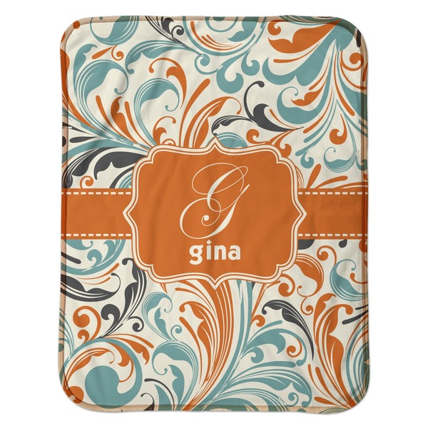 Orange & Blue Leafy Swirls Baby Sherpa Blanket - Flat