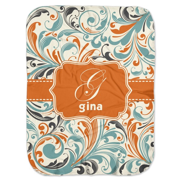 Custom Orange & Blue Leafy Swirls Baby Swaddling Blanket (Personalized)