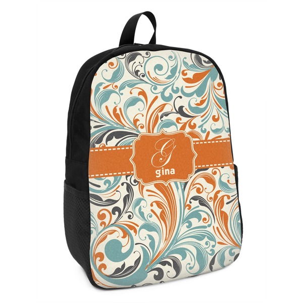 Custom Orange & Blue Leafy Swirls Kids Backpack (Personalized)