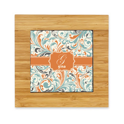 Orange & Blue Leafy Swirls Bamboo Trivet with Ceramic Tile Insert (Personalized)