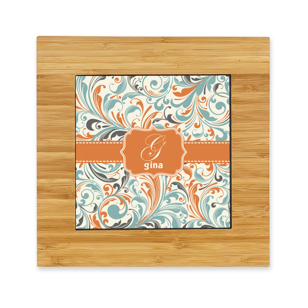 Custom Orange & Blue Leafy Swirls Bamboo Trivet with Ceramic Tile Insert (Personalized)