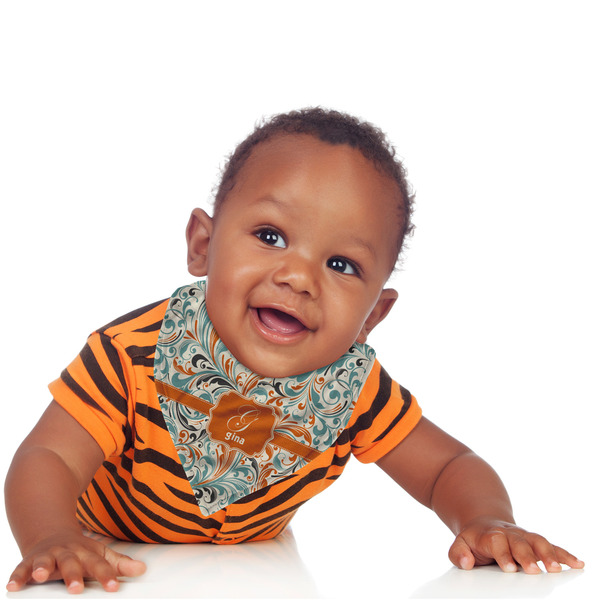 Orange & Blue Leafy Swirls Bandana Bib - (Lifestyle 1 boy)