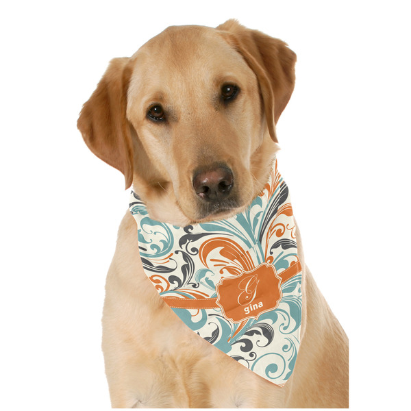 Custom Orange & Blue Leafy Swirls Dog Bandana Scarf w/ Name and Initial