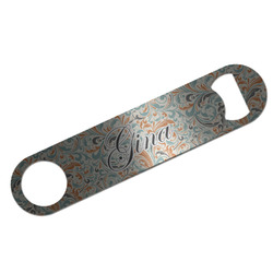 Orange & Blue Leafy Swirls Bar Bottle Opener - Silver w/ Name and Initial