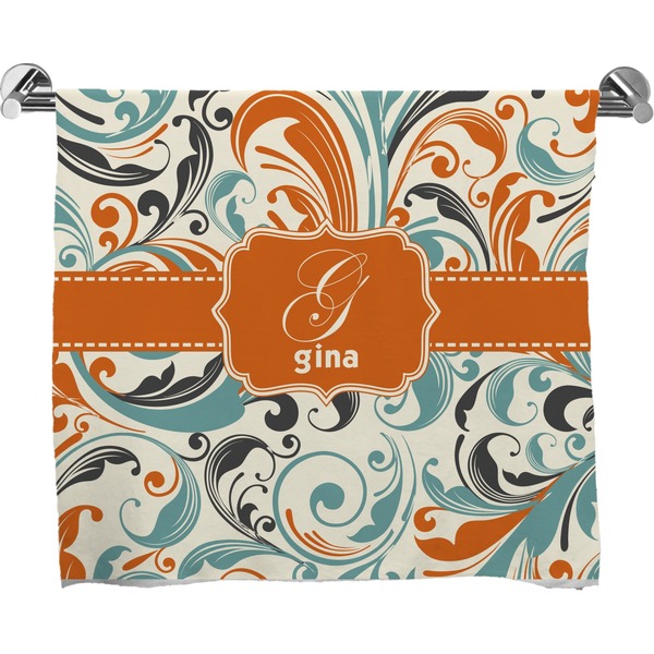 Custom Orange & Blue Leafy Swirls Bath Towel (Personalized)