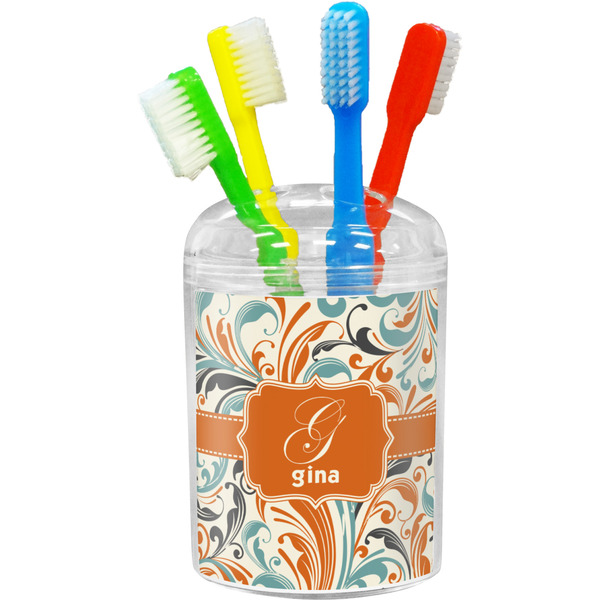 Custom Orange & Blue Leafy Swirls Toothbrush Holder (Personalized)