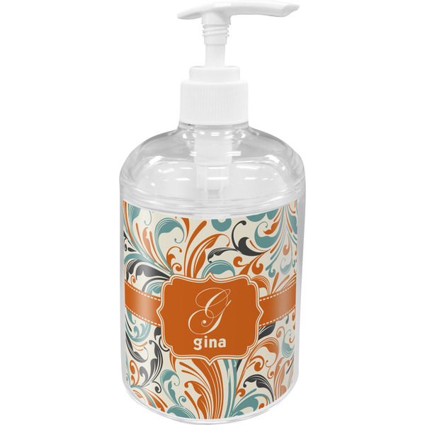 Custom Orange & Blue Leafy Swirls Acrylic Soap & Lotion Bottle (Personalized)