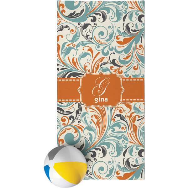 Custom Orange & Blue Leafy Swirls Beach Towel (Personalized)