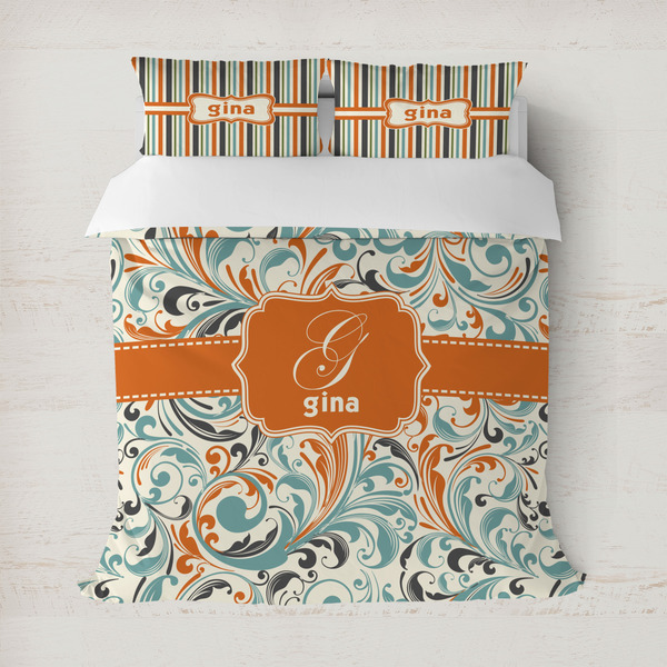 Custom Orange & Blue Leafy Swirls Duvet Cover Set - Full / Queen (Personalized)