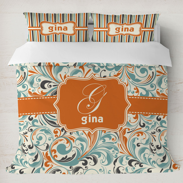Custom Orange & Blue Leafy Swirls Duvet Cover Set - King (Personalized)