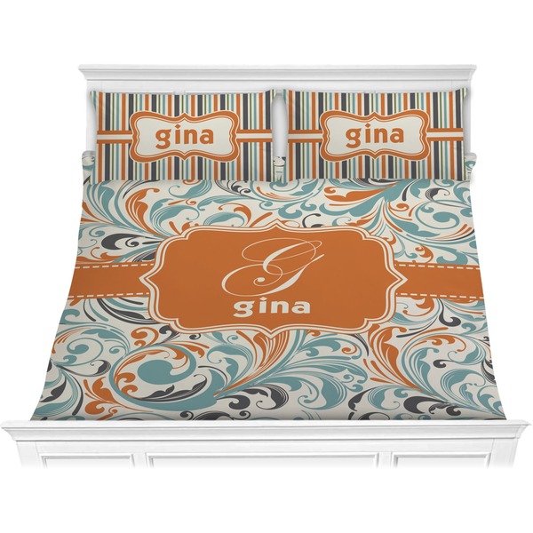 Custom Orange & Blue Leafy Swirls Comforter Set - King (Personalized)