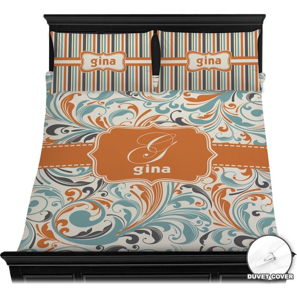 Orange & Blue Leafy Swirls Bedding Set (Queen) - Duvet