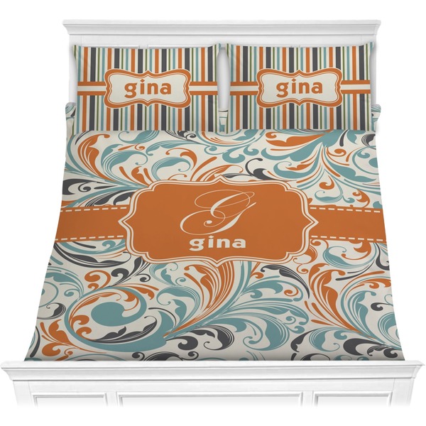 Custom Orange & Blue Leafy Swirls Comforter Set - Full / Queen (Personalized)