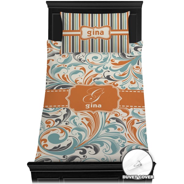 Orange & Blue Leafy Swirls Bedding Set (Twin) - Duvet
