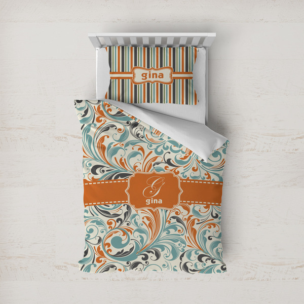Custom Orange & Blue Leafy Swirls Duvet Cover Set - Twin (Personalized)