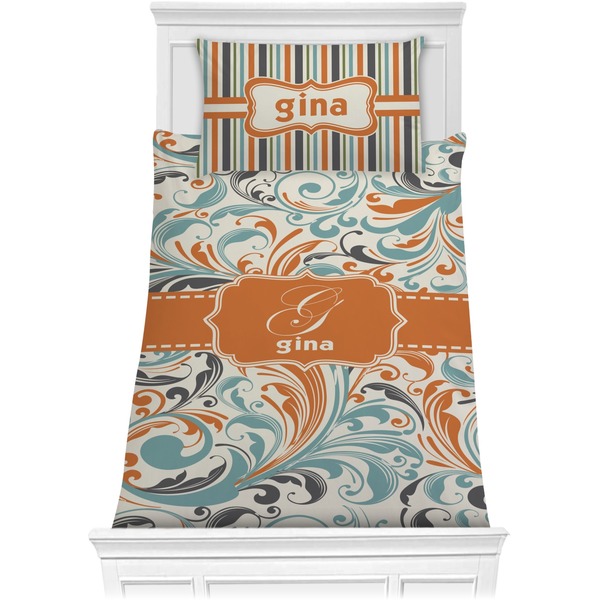Custom Orange & Blue Leafy Swirls Comforter Set - Twin (Personalized)