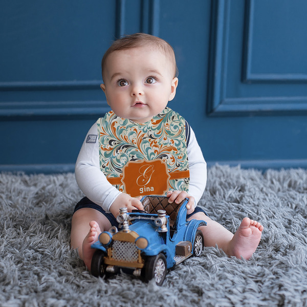 Orange & Blue Leafy Swirls Bib Lifestyle Boy