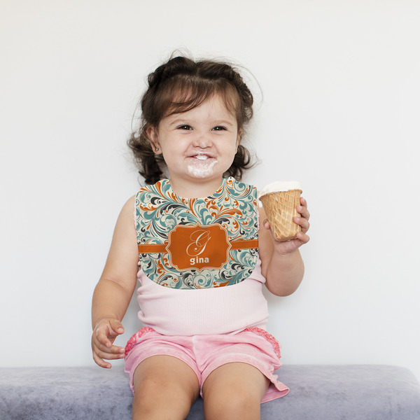 Orange & Blue Leafy Swirls Bib Lifestyle Girl