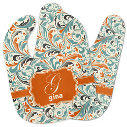 Orange & Blue Leafy Swirls Baby Bib w/ Name and Initial
