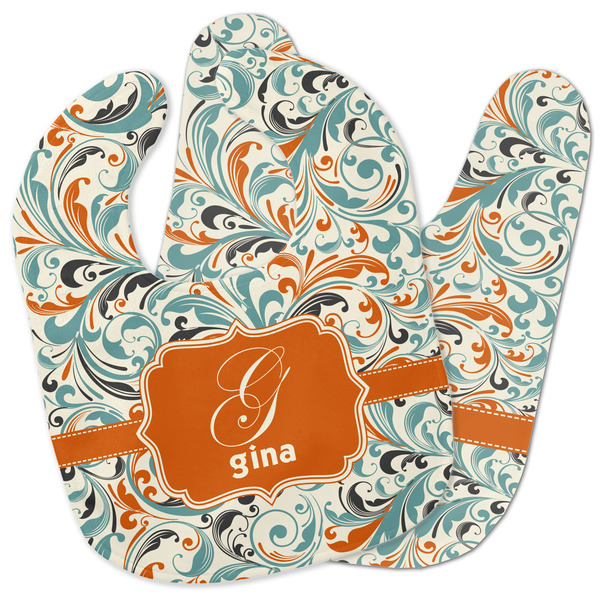 Custom Orange & Blue Leafy Swirls Baby Bib w/ Name and Initial