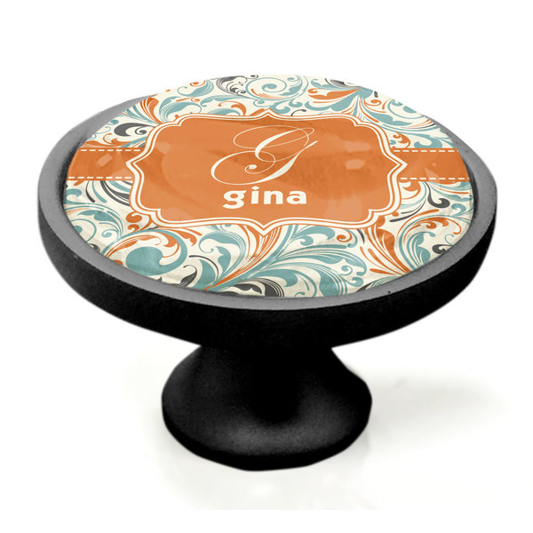 Orange & Blue Leafy Swirls Black Custom Cabinet Knob (Side)