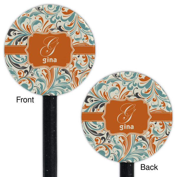 Orange & Blue Leafy Swirls Black Plastic 5.5" Stir Stick - Double Sided - Round - Front & Back