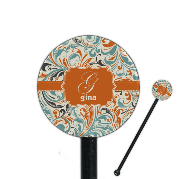 Custom Orange & Blue Leafy Swirls 5.5" Round Plastic Stir Sticks - Black - Single Sided (Personalized)