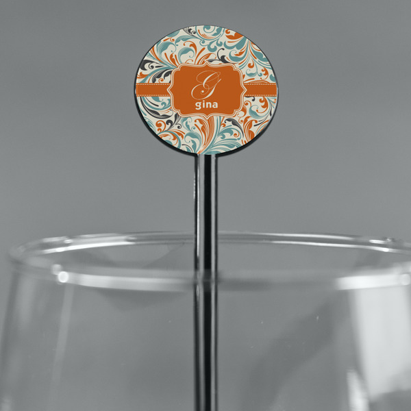 Orange & Blue Leafy Swirls Black Plastic 5.5" Stir Stick - Round - Main