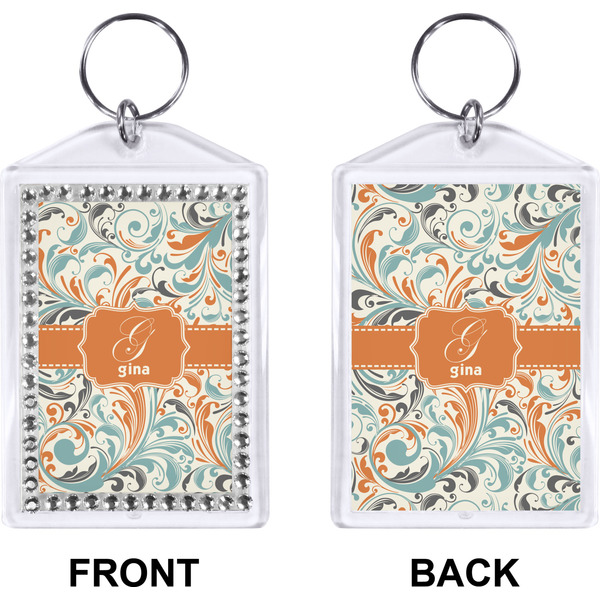 Orange & Blue Leafy Swirls Bling Keychain (Front + Back)