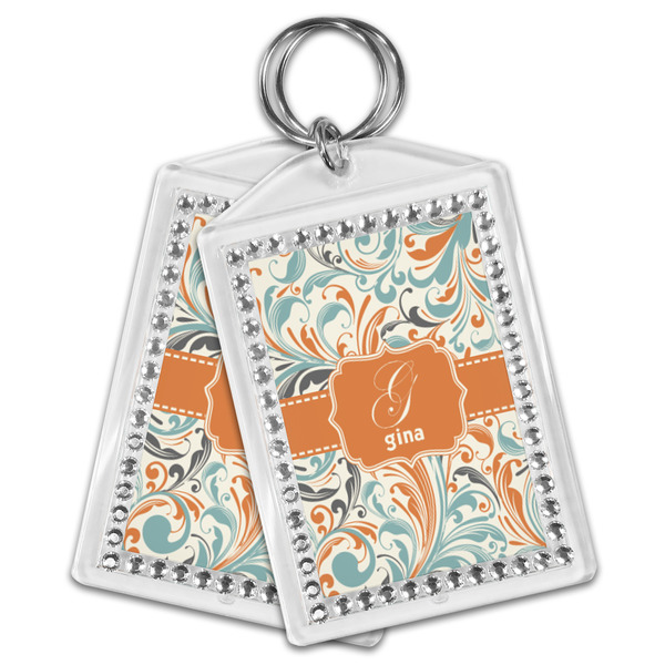 Orange & Blue Leafy Swirls Bling Keychain - MAIN