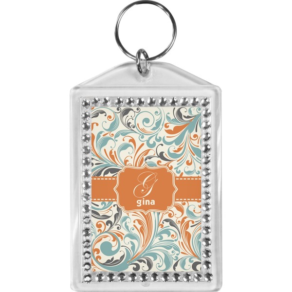 Custom Orange & Blue Leafy Swirls Bling Keychain (Personalized)
