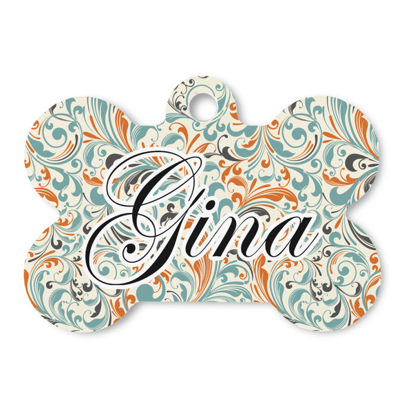 Custom Orange & Blue Leafy Swirls Bone Shaped Dog ID Tag (Personalized)