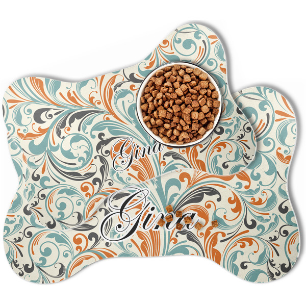 Orange & Blue Leafy Swirls Bone Shaped Dog Mats - MAIN
