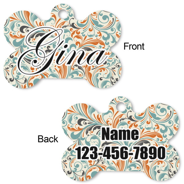 Orange & Blue Leafy Swirls Bone Shaped Dog Tag - Front & Back