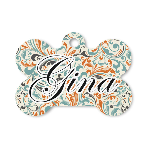 Custom Orange & Blue Leafy Swirls Bone Shaped Dog ID Tag - Small (Personalized)