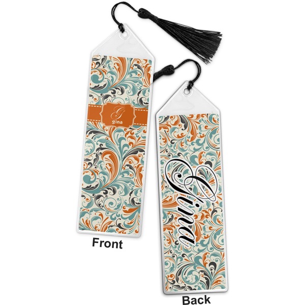 Orange & Blue Leafy Swirls Bookmark with tassel - Front and Back