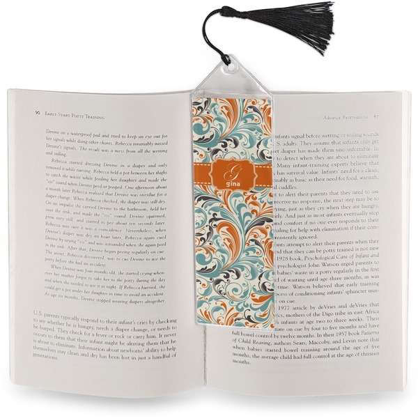 Orange & Blue Leafy Swirls Bookmark with tassel - In book