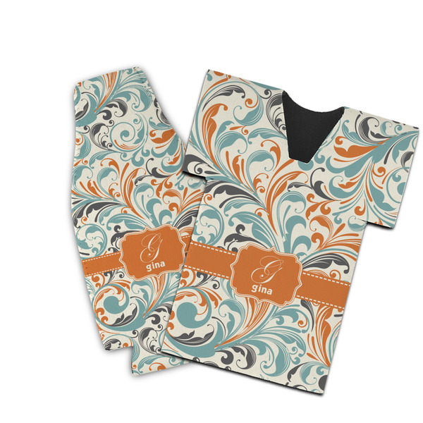 Custom Orange & Blue Leafy Swirls Bottle Cooler (Personalized)