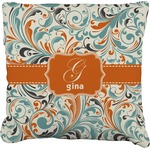 Orange & Blue Leafy Swirls Faux-Linen Throw Pillow 16" (Personalized)