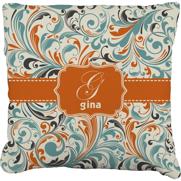 Custom Orange & Blue Leafy Swirls Faux-Linen Throw Pillow 16" (Personalized)