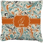 Orange & Blue Leafy Swirls Faux-Linen Throw Pillow 18" (Personalized)